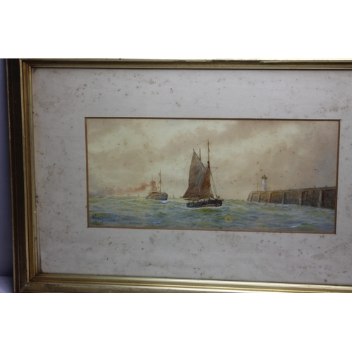 221 - 5 FRAMED BOATING PAINTINGS - PENCIL DRAWING OF A BOAT, PAIR OF WATER COLOUR SAILING BOATS BY RA LANE... 