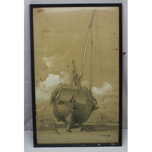 221 - 5 FRAMED BOATING PAINTINGS - PENCIL DRAWING OF A BOAT, PAIR OF WATER COLOUR SAILING BOATS BY RA LANE... 