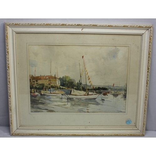 221 - 5 FRAMED BOATING PAINTINGS - PENCIL DRAWING OF A BOAT, PAIR OF WATER COLOUR SAILING BOATS BY RA LANE... 