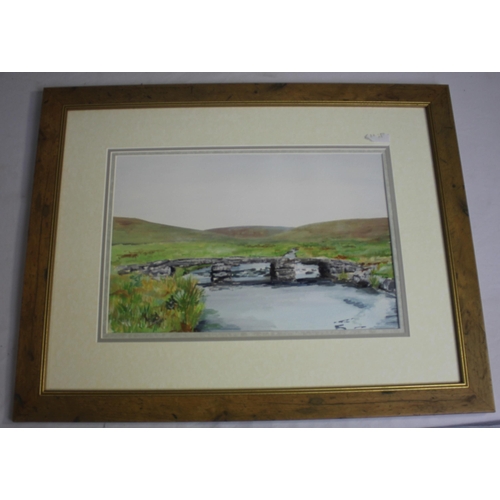 222 - 2 FRAMED WATERCOLOURS - STONE BRIDGE OVER STREAM AND  MOUNTAIN SCENE BY A GREENWAY