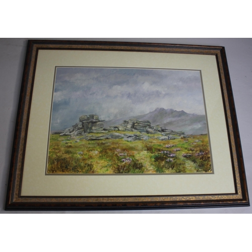 222 - 2 FRAMED WATERCOLOURS - STONE BRIDGE OVER STREAM AND  MOUNTAIN SCENE BY A GREENWAY