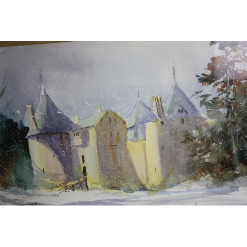 235 - LARGE FRAMED WATERCOLOUR OF WINTER CASTLE SCENE SIGNED IN BOTTOM LEFT CORNER 24 x 17