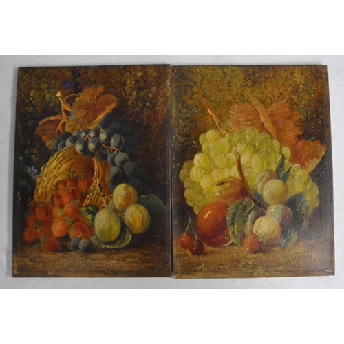 245 - PAIR OF OIL ON BOARD OF FRUITS, FRAMED WATERCOLOUR OF COCKEREL AND HEN, FRAMED FATHER AND DAUGHTER P... 