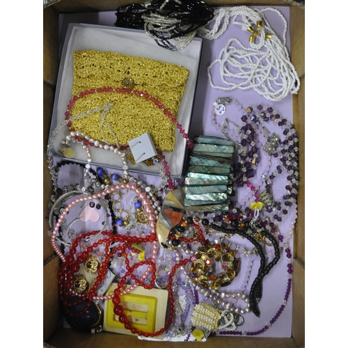 252 - 4 BOXES AND A BAG OF COSTUME JEWELLERY - EARRINGS, BEAD NECKLACES, ETC