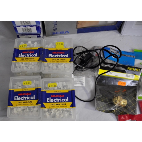 268 - BOX ELECTRICAL CONSUMABLES: SWITCH PLATES, CABLE CLIPS, CABLES, DOOR CHIMES ETC