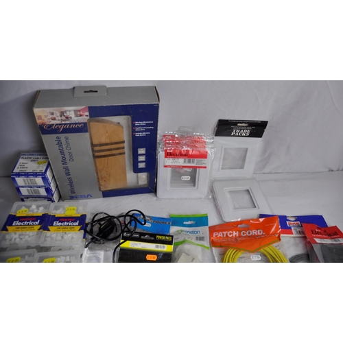 268 - BOX ELECTRICAL CONSUMABLES: SWITCH PLATES, CABLE CLIPS, CABLES, DOOR CHIMES ETC