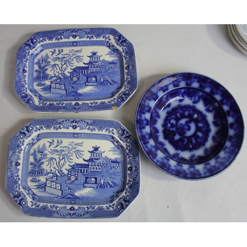 270 - 3 BLUE AND WHITE MEAT PLATES - PLUS VARIOUS BLUE AND WHITE CROCKERY