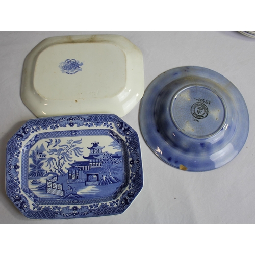 270 - 3 BLUE AND WHITE MEAT PLATES - PLUS VARIOUS BLUE AND WHITE CROCKERY