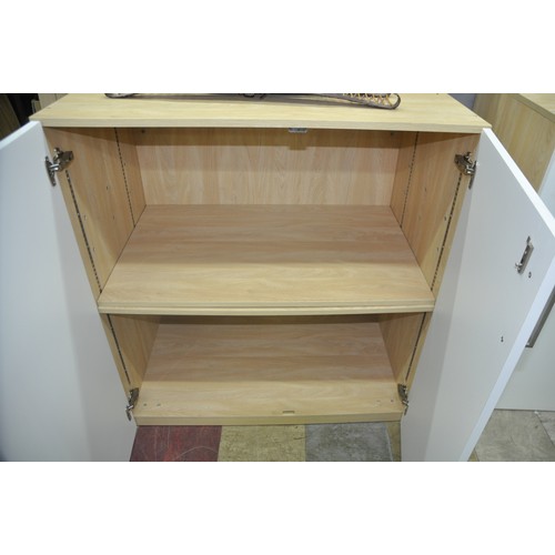 284 - WOODGRAIN STATIONERY CABINET WITH WHITE DOORS COMES WITH KEYS - HEIGHT 3'6