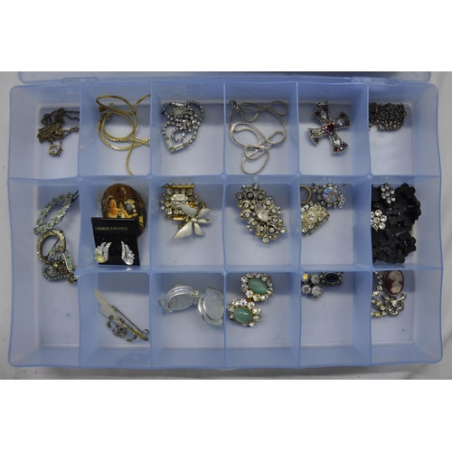 296 - BLUE COMPARTMENTED BOX AND TRAY COSTUME JEWELLERY AND 3 HEART SHAPED BOXES