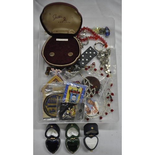 296 - BLUE COMPARTMENTED BOX AND TRAY COSTUME JEWELLERY AND 3 HEART SHAPED BOXES