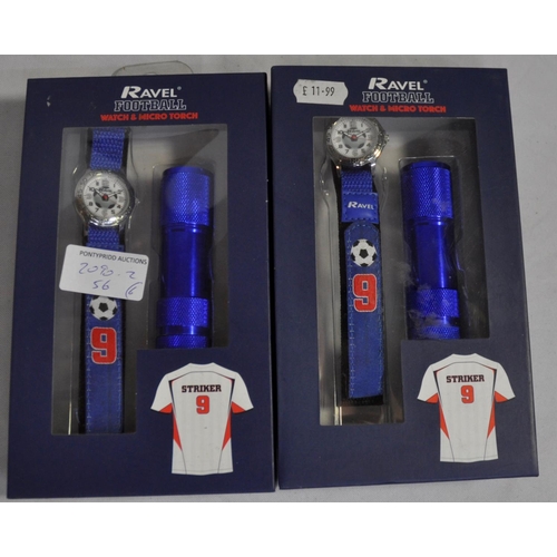 341 - 2 RAVEL FOOTBALL WATCH & TORCH SETS, 2 LED 2w LIGHT SWITCHES & 2 ALUMINIUM SECURITY TORCHES