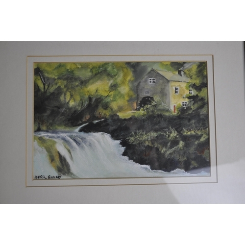 223 - 5 FRAMED WATERCOLOURS - FRAMED WATERCOLOUR OF CWM R'EGLWYS SIGNED PETER GOBLE '87, FRAMED WATER... 