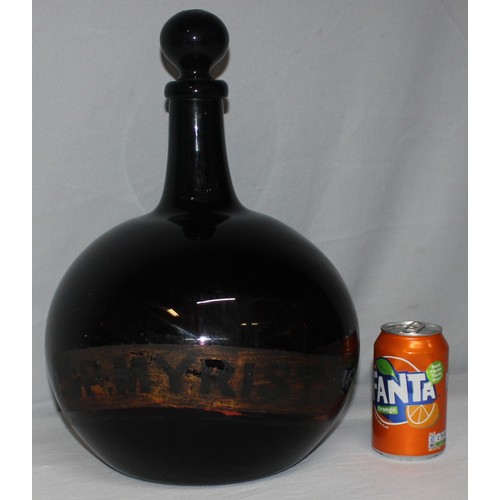 336 - LARGE CHEMIST APOTHECARY BOTTLE WITH TAPERING NECK AND BULBOUS BODY - LABLE FOR SP MYRI