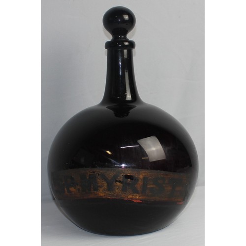 336 - LARGE CHEMIST APOTHECARY BOTTLE WITH TAPERING NECK AND BULBOUS BODY - LABLE FOR SP MYRI