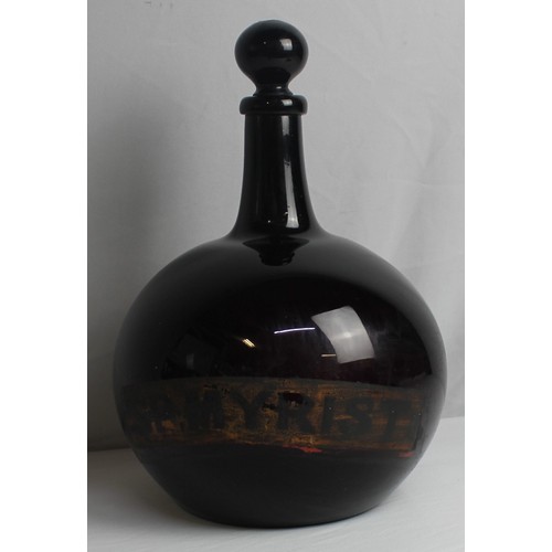 336 - LARGE CHEMIST APOTHECARY BOTTLE WITH TAPERING NECK AND BULBOUS BODY - LABLE FOR SP MYRI