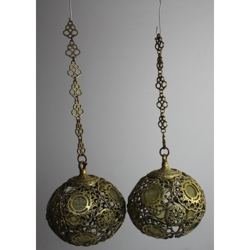 253 - 2 CHINESE STYLE BRASS GLOBE CAGE CEILING LIGHTS ON CHAINS