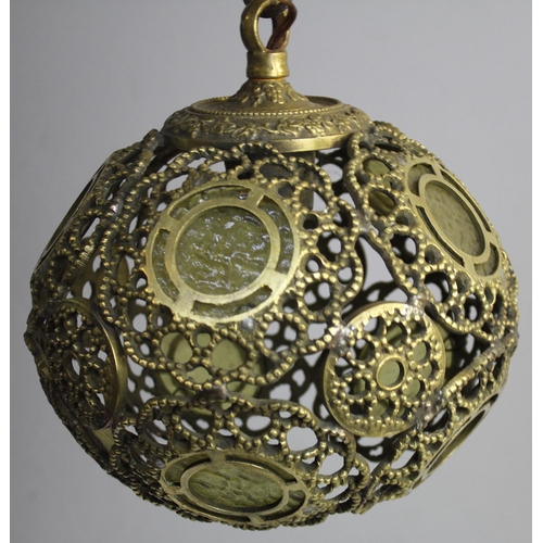 253 - 2 CHINESE STYLE BRASS GLOBE CAGE CEILING LIGHTS ON CHAINS