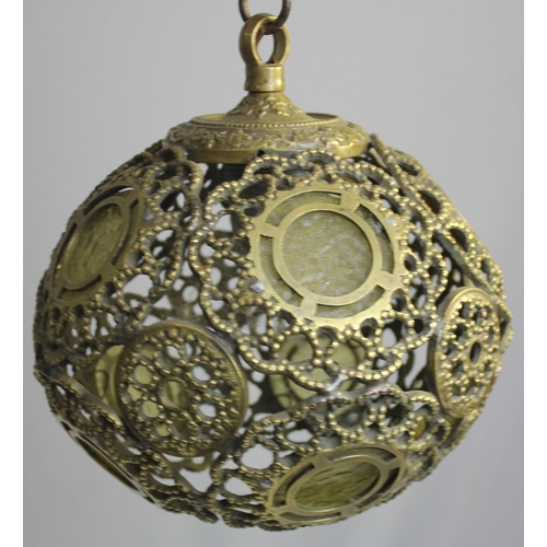 253 - 2 CHINESE STYLE BRASS GLOBE CAGE CEILING LIGHTS ON CHAINS