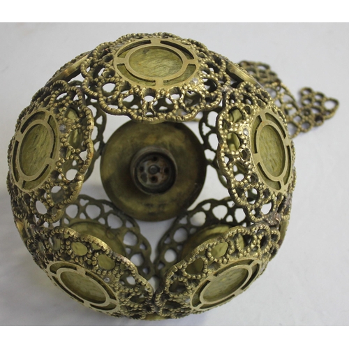 253 - 2 CHINESE STYLE BRASS GLOBE CAGE CEILING LIGHTS ON CHAINS