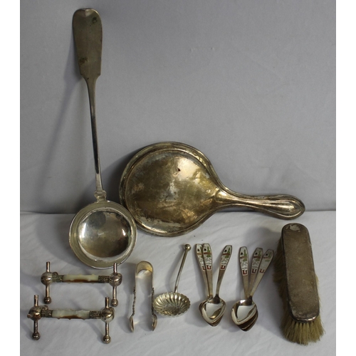 264 - SILVER BACKED BRUSH AND MIRROR HANDLE, LADLE STAMPED 800M, 6 TEA SPOONS, SLOTTED SPOON, 2 KNIFE REST... 
