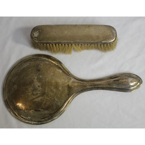 264 - SILVER BACKED BRUSH AND MIRROR HANDLE, LADLE STAMPED 800M, 6 TEA SPOONS, SLOTTED SPOON, 2 KNIFE REST... 