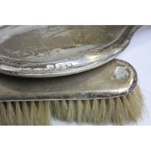 264 - SILVER BACKED BRUSH AND MIRROR HANDLE, LADLE STAMPED 800M, 6 TEA SPOONS, SLOTTED SPOON, 2 KNIFE REST... 