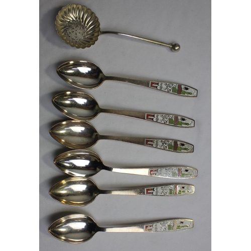 264 - SILVER BACKED BRUSH AND MIRROR HANDLE, LADLE STAMPED 800M, 6 TEA SPOONS, SLOTTED SPOON, 2 KNIFE REST... 