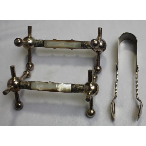 264 - SILVER BACKED BRUSH AND MIRROR HANDLE, LADLE STAMPED 800M, 6 TEA SPOONS, SLOTTED SPOON, 2 KNIFE REST... 