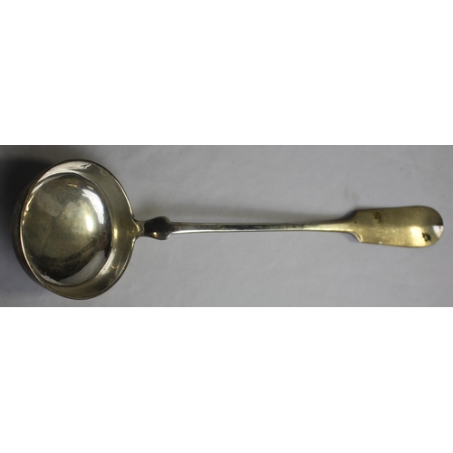 264 - SILVER BACKED BRUSH AND MIRROR HANDLE, LADLE STAMPED 800M, 6 TEA SPOONS, SLOTTED SPOON, 2 KNIFE REST... 
