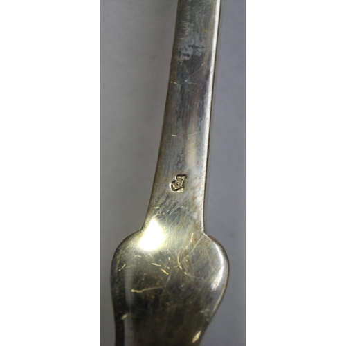 264 - SILVER BACKED BRUSH AND MIRROR HANDLE, LADLE STAMPED 800M, 6 TEA SPOONS, SLOTTED SPOON, 2 KNIFE REST... 