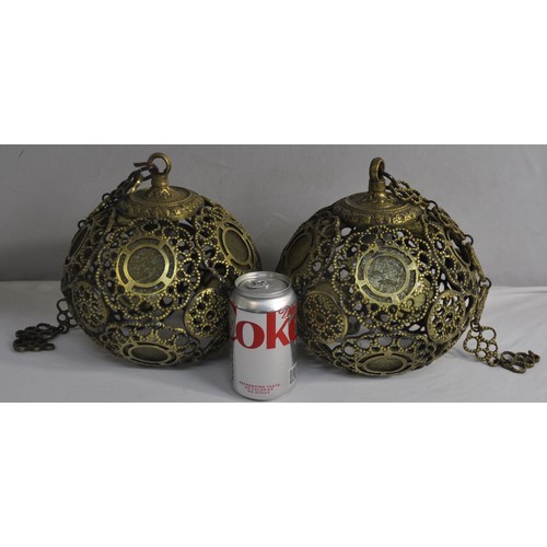 253 - 2 CHINESE STYLE BRASS GLOBE CAGE CEILING LIGHTS ON CHAINS