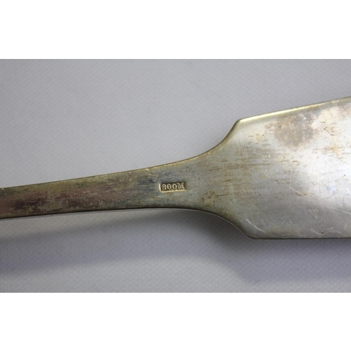 264 - SILVER BACKED BRUSH AND MIRROR HANDLE, LADLE STAMPED 800M, 6 TEA SPOONS, SLOTTED SPOON, 2 KNIFE REST... 