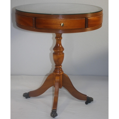 17 - REPRODUCTION DRUM TABLE AND 2 WINE TABLES