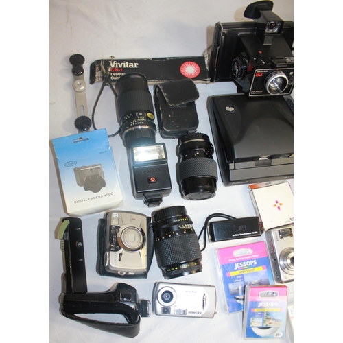 31 - BOX OF CAMERAS AND EQUIPMENT - CAMERAS, LENSES, FILTER, ETC