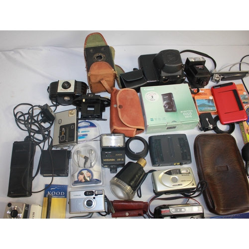 36 - BOX OF CAMERAS AND EQUIPMENT - DIGITAL CAMERAS, DIGITAL CAMERA TRIPOD, LENS CAPS, ETC