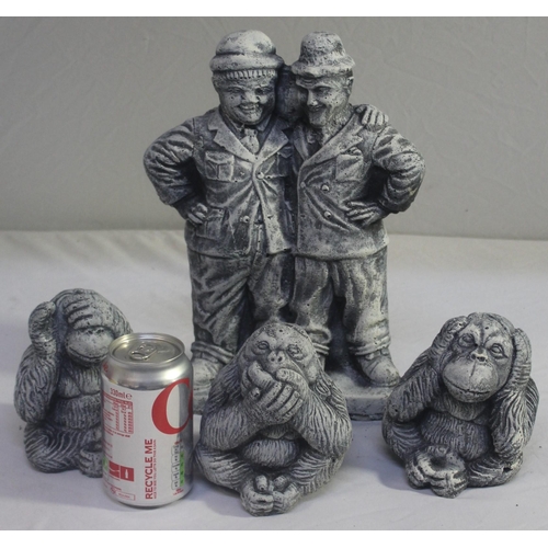 45 - 4 GARDEN ORNAMENTS - 3 MONKEY (SEE, HEAR, SPEAK NO EVIL), AND 1 LAUREL AND HARDY