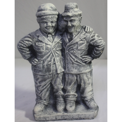 45 - 4 GARDEN ORNAMENTS - 3 MONKEY (SEE, HEAR, SPEAK NO EVIL), AND 1 LAUREL AND HARDY