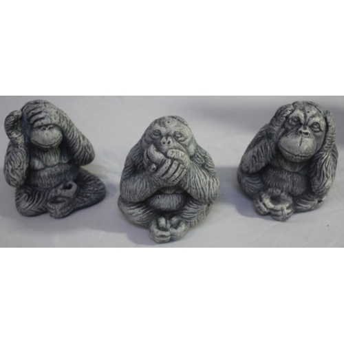 45 - 4 GARDEN ORNAMENTS - 3 MONKEY (SEE, HEAR, SPEAK NO EVIL), AND 1 LAUREL AND HARDY