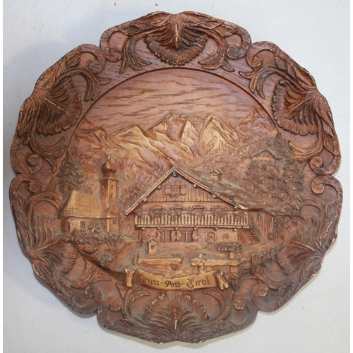 58 - WICKER BASKET WITH 2 EARTHENWARE JARS AND BLACK FOREST STYLE WOODEN PLAQUE 'GRUSS AUS TIROL'