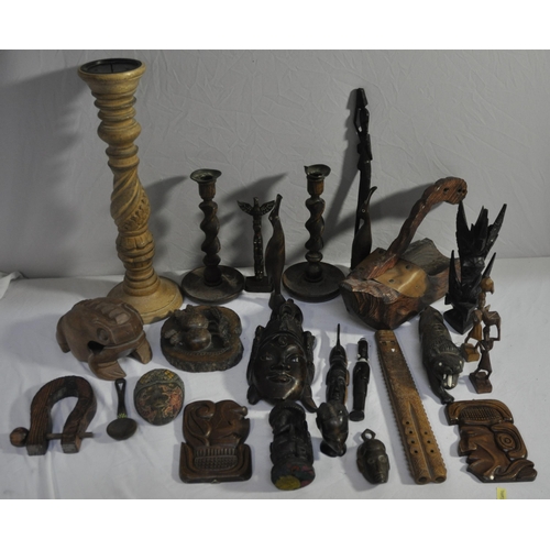 62 - VARIOUS WOODEN ITEMS - CANDLESTICKS, ETC