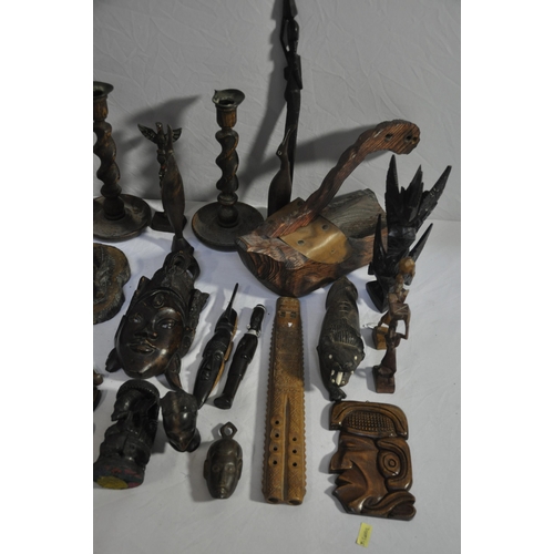 62 - VARIOUS WOODEN ITEMS - CANDLESTICKS, ETC