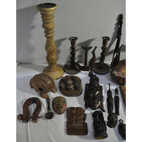 62 - VARIOUS WOODEN ITEMS - CANDLESTICKS, ETC