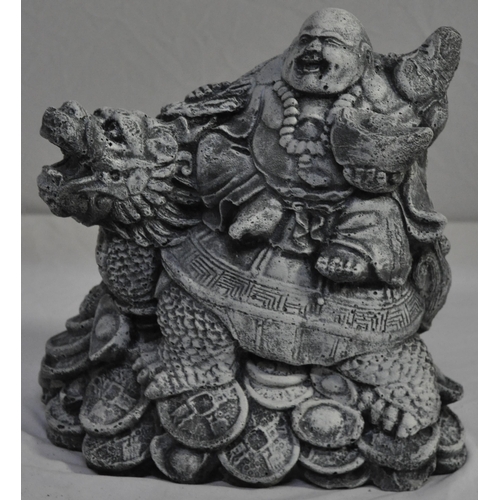 125 - 2 GARDEN ORNAMENTS - 1 BUDDHA SITTING ON DRAGON AND 1 OWL GARDEN ORNAMENT