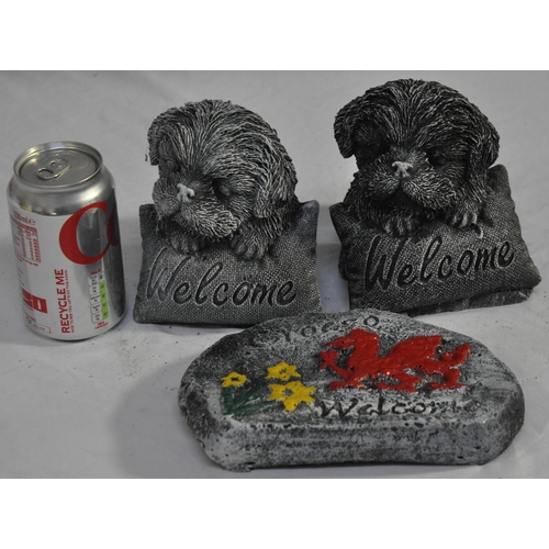 127 - 3 WELCOME GARDEN ORNAMENTS - 2 WELCOME DOGS AND 1 WELCOME DRAGON PLAQUE