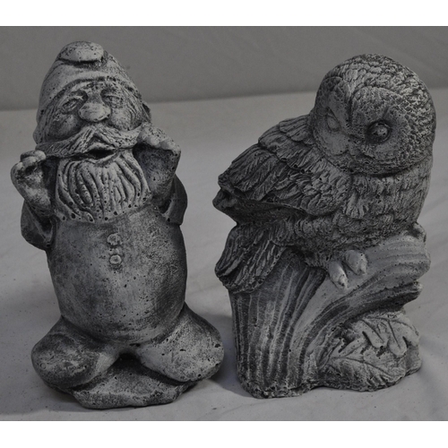 138 - 3 GARDEN ORNAMENTS - 1 OWL, 1 KITTEN IN BOOT AND 1 GNOME