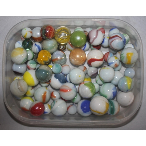 154 - 3 GLASS JARS, TUB AND BAG OF MARBLES