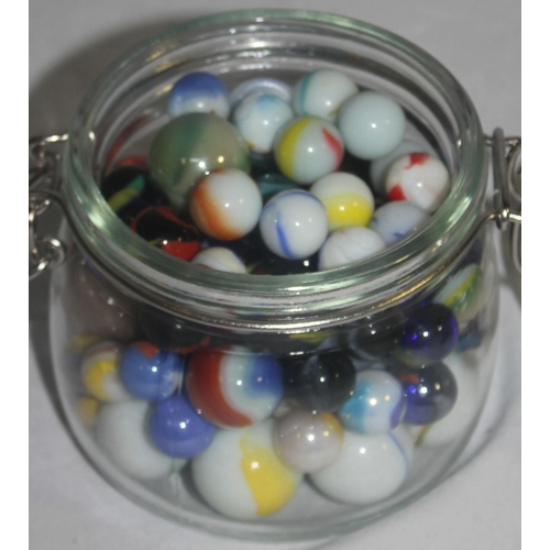 154 - 3 GLASS JARS, TUB AND BAG OF MARBLES