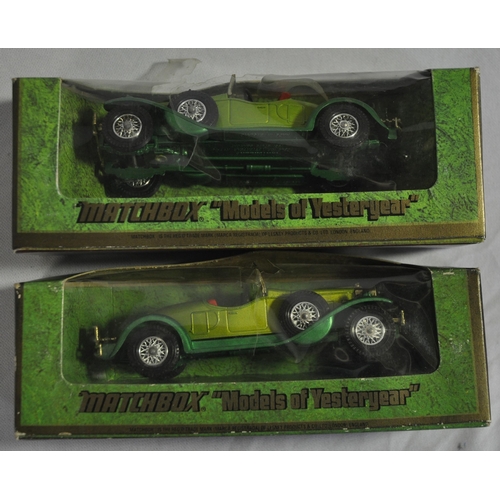 156 - 14 MATCHBOX CARS - 2 Y-16 1928 MERCEDES SS COUPE - ONE WITH DAMGED BOX, 2 Y-14 1931 STUTZ BEARCAT, 2... 