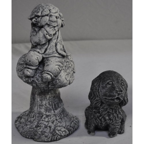 159 - 3 GARDEN ORNAMENTS - 1 LEPRECHAUN, 1 DOG AND 1 GNOME ON  A TOADSTOOL